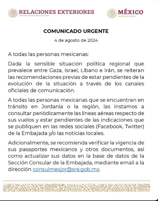 Emite comunicado la embajada de Mexico en Jordania