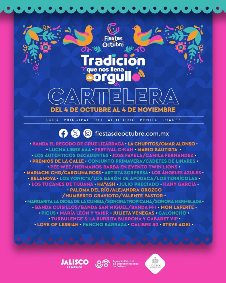 Revelan cartelera de artistas del Foro Principal de las Fiestas de Octubre 2024 en Guadalajara